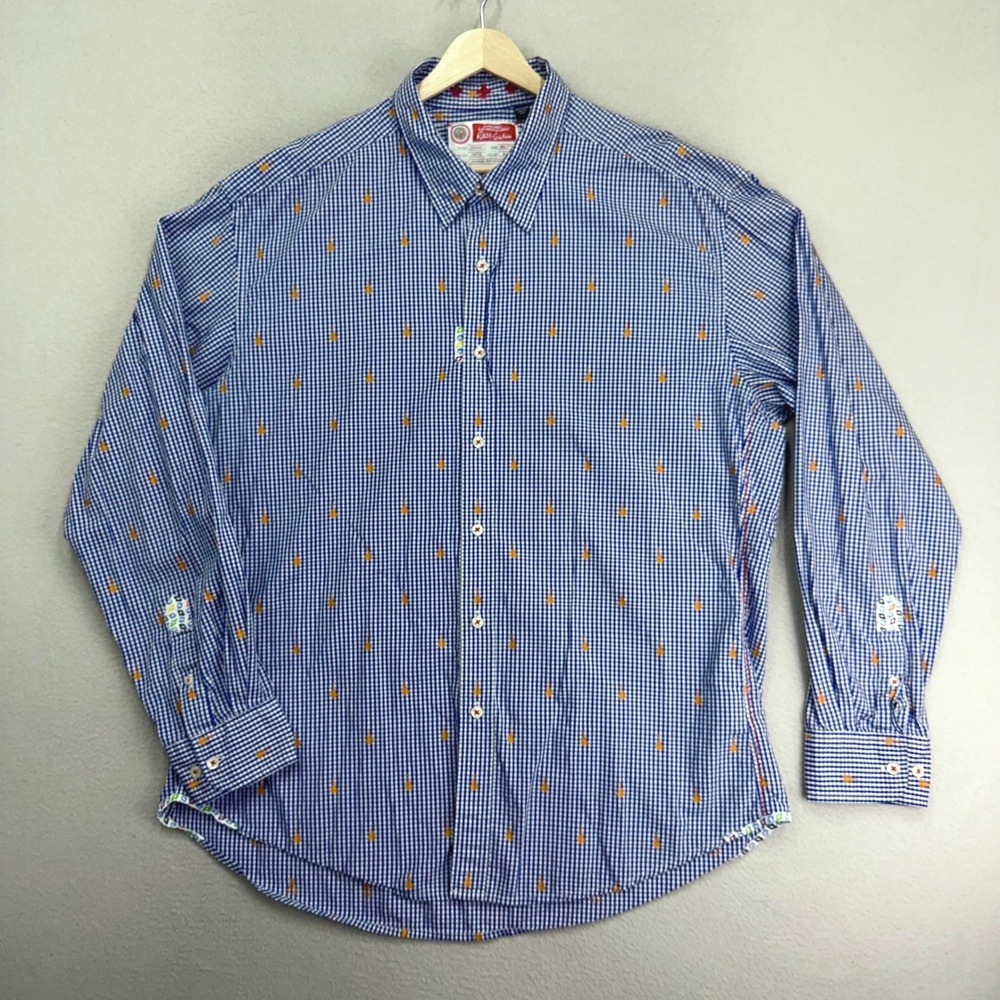 Robert Graham Oxford Shirt Mens XXL Blue Gingham Plaid Long Sleeve Guitar AOP